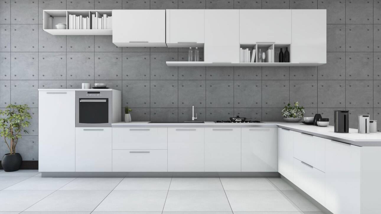 3D rendering of a modern white kitchen with a stylish cabinet design in a loft-style space.