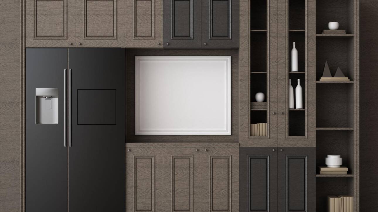 A 3D mockup of a modern kitchen interior with gray tones featuring different cabinet sizes that enhance functionality and sleek design.