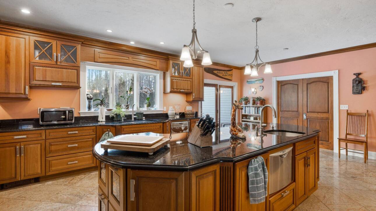 Wood cabinets in a kitchen.