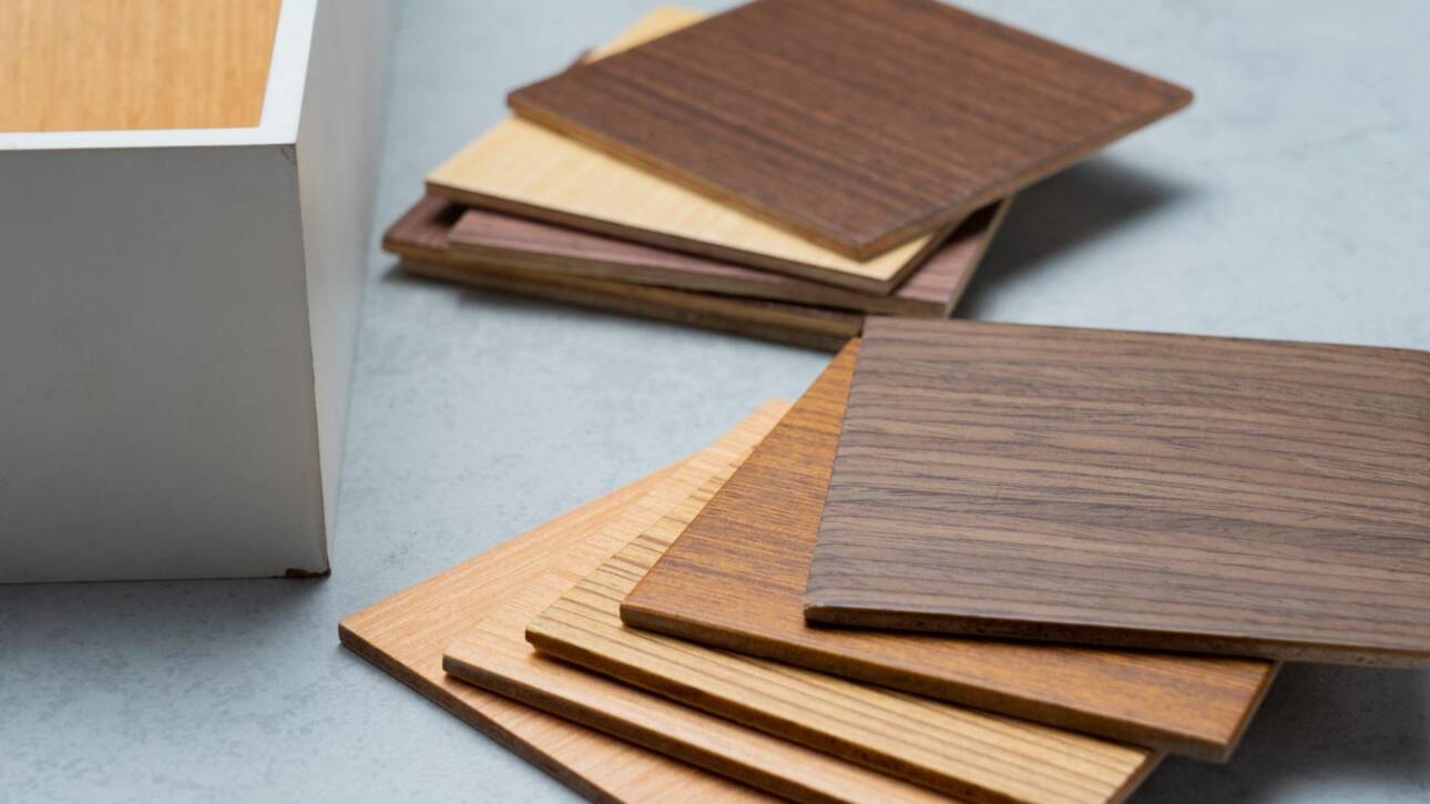 Some samples of wood for cabinet wood stacked on a table.