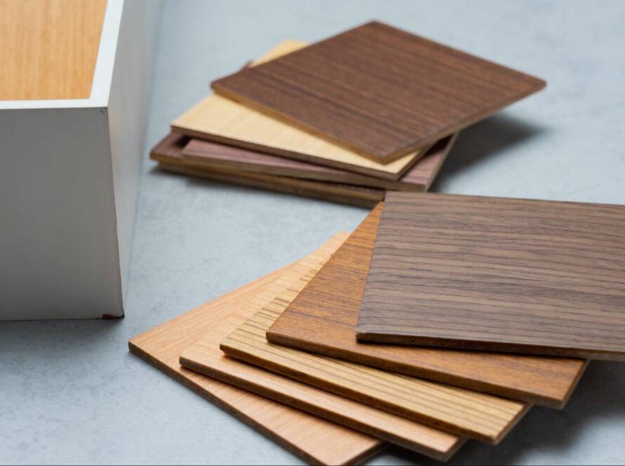 Some samples of wood for cabinet wood stacked on a table.